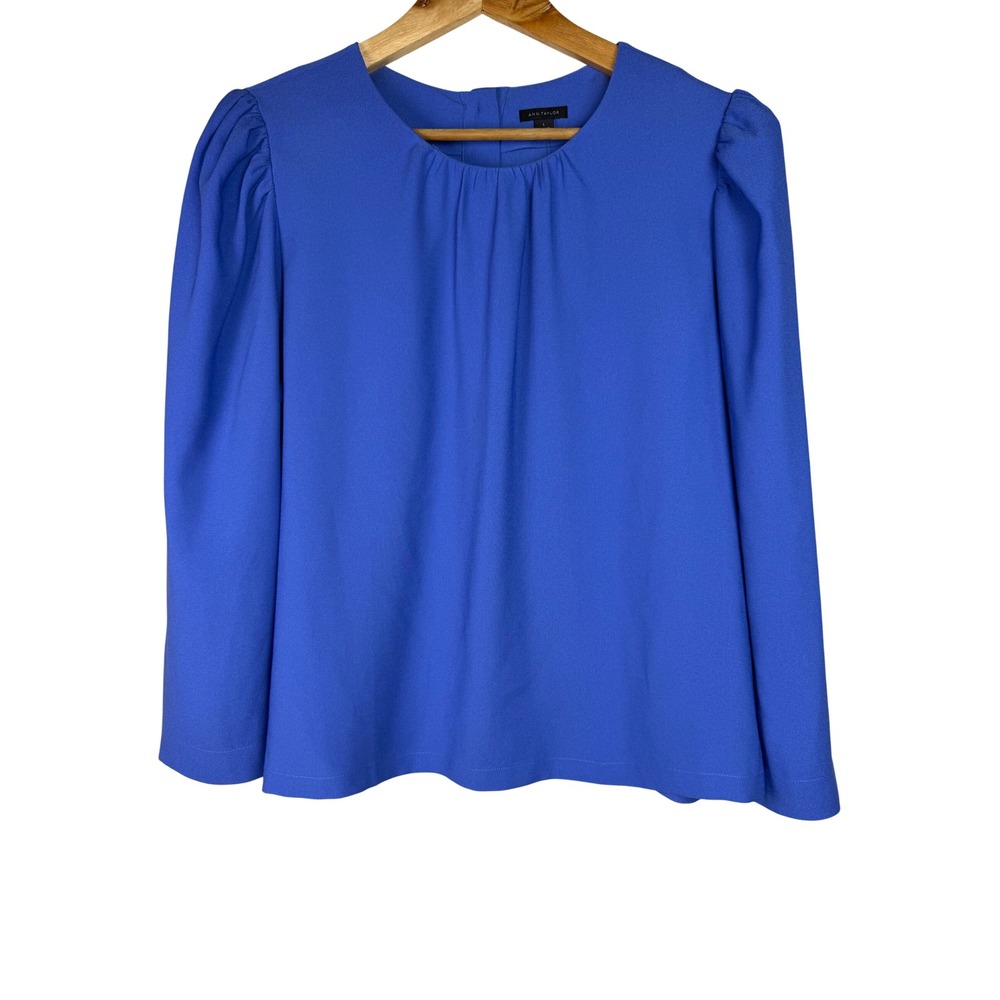 Ann Taylor Blouse Women Large Blue Puff Shoulder Button Back Crepe Top NEW